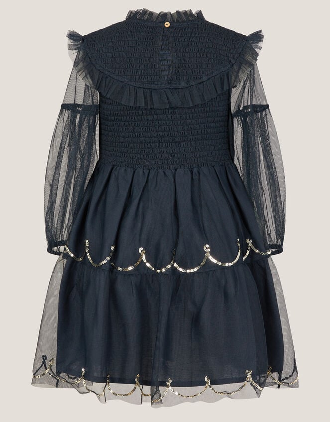 Bow Shirred Mesh Dress, Blue (NAVY), large