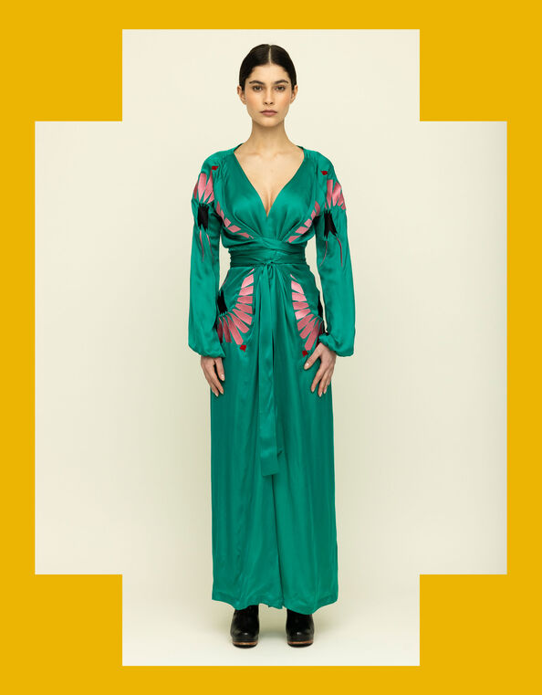 Tallulah & Hope Aziza Regular Embroidered Wrap Dress, Green (GREEN), large