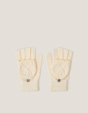 Diamond Fingerless Gloves with Mittens, Ivory (IVORY), large