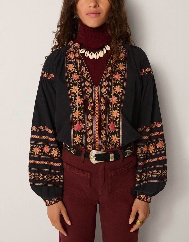 Maison Hotel Virginia Floral Embroidered Blouse, Black (BLACK), large