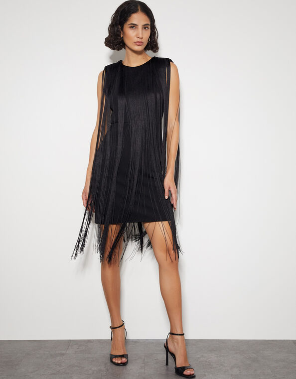 Tara Sleeveless Fringe Mini Dress, Black (BLACK), large