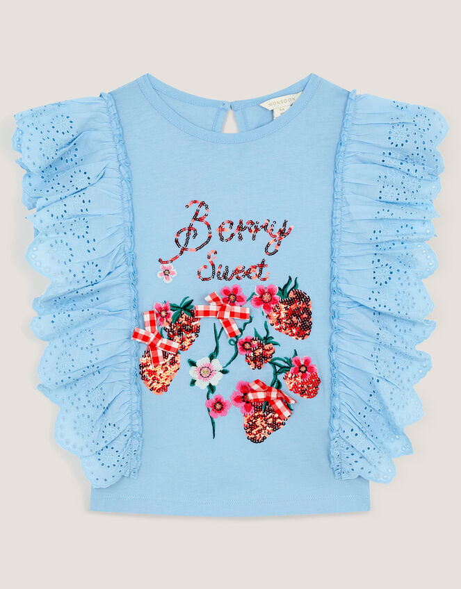 Embellished Strawberry Broderie Ruffle Top, Blue (BLUE), large