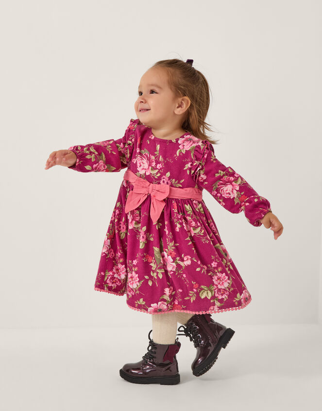 Floral Bow Long Sleeve Dress, Red (BURGUNDY), large