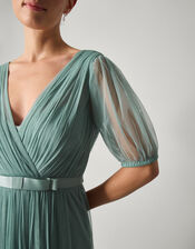 Ellie Sheer Sleeve Plunge Tulle Maxi Dress, Green (SAGE), large