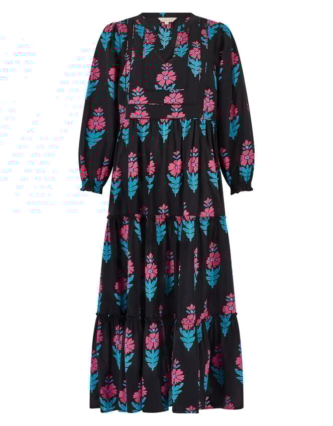 East Helena Woodblock Print Midi Dress, Black (BLACK), large