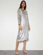 Marie Long Sleeve Sequin Midi Dress, Silver (SILVER), large