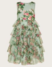 Flora Rose Print Tiered Tulle Dress, Green (GREEN), large