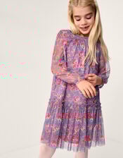 Floral Print Mesh Long Sleeve Dress, Purple (PURPLE), large
