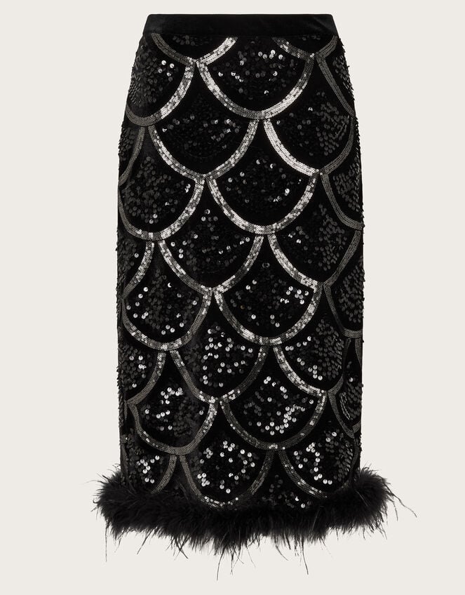Sira Sequin Feather Pencil Skirt, Black (BLACK), large