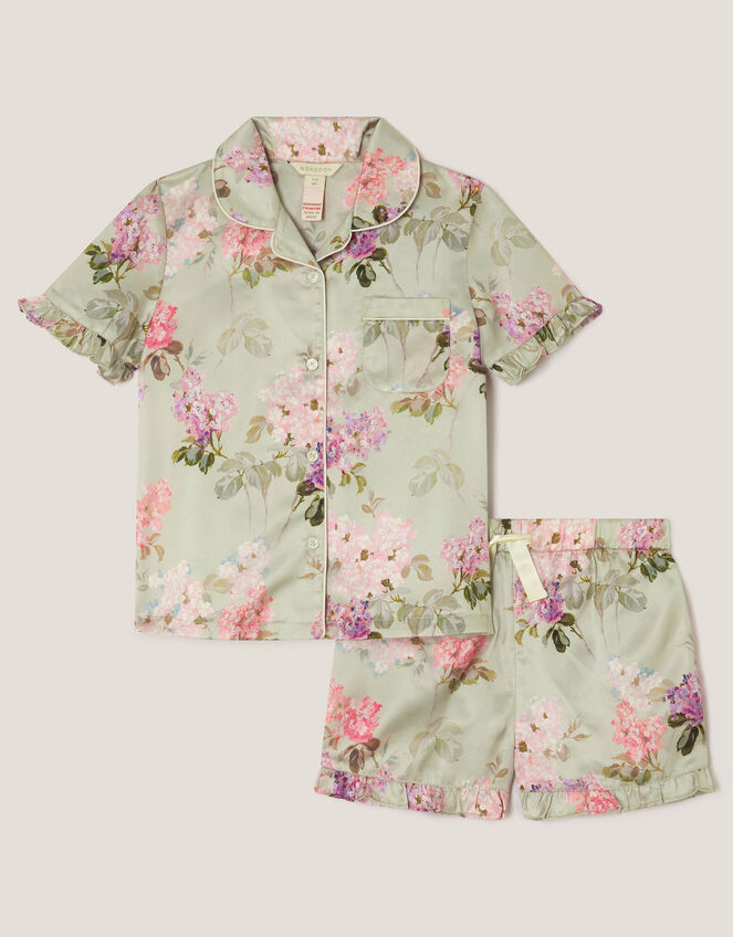 Floral Satin Short Pyjama Set, Green (GREEN), large