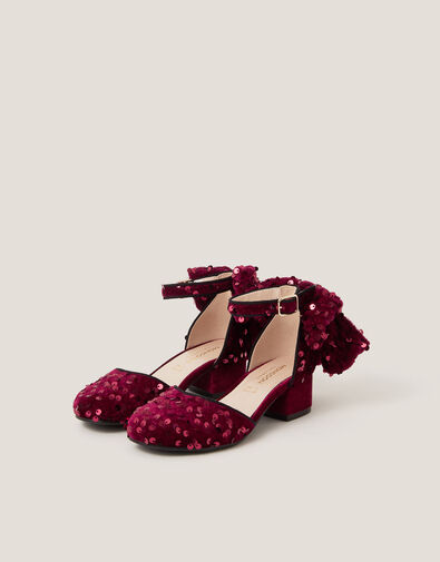 Sequin Velvet Bow Heels, Red (BURGUNDY), large
