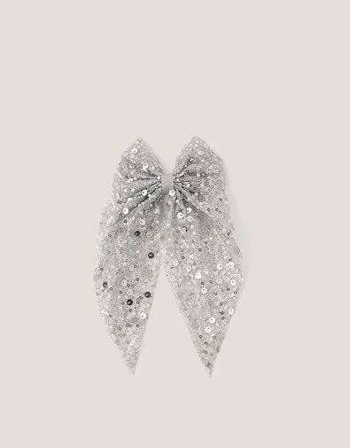 Long Sequin Bow Hair Clip, Silver (SILVER), large