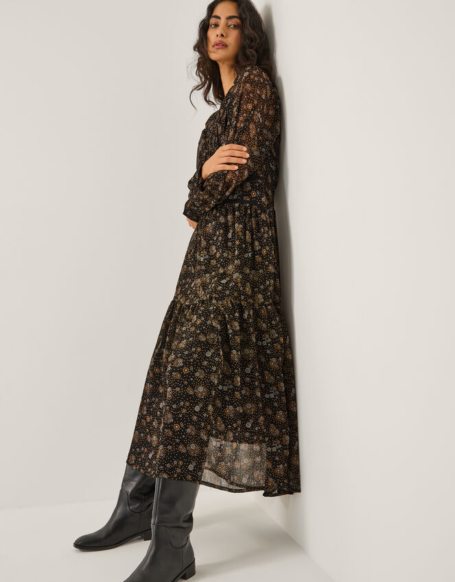 Clara Dotwork Print Midi Dress, Black (BLACK), large