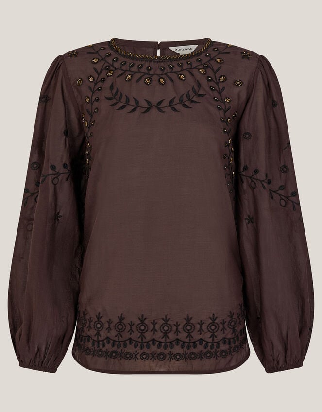 Isabelle Floral Embellished Top, Brown (CHOCOLATE), large