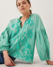Milly Slouchy Embroidered Blouse, SEA GREEN, large