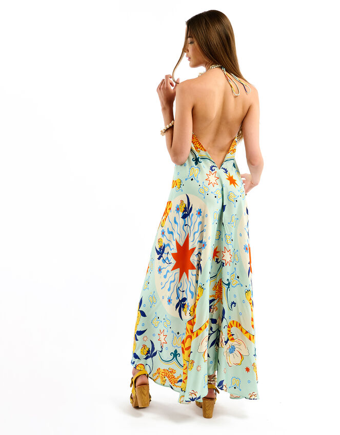 Wild Voila Tiger Print Backless Maxi Dress , Blue (BLUE), large