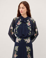 Annika Floral Embroidered Chiffon Midi Dress, Blue (NAVY), large