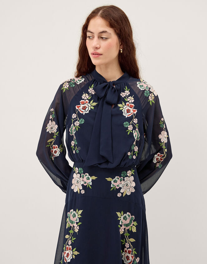 Annika Floral Embroidered Chiffon Midi Dress, Blue (NAVY), large