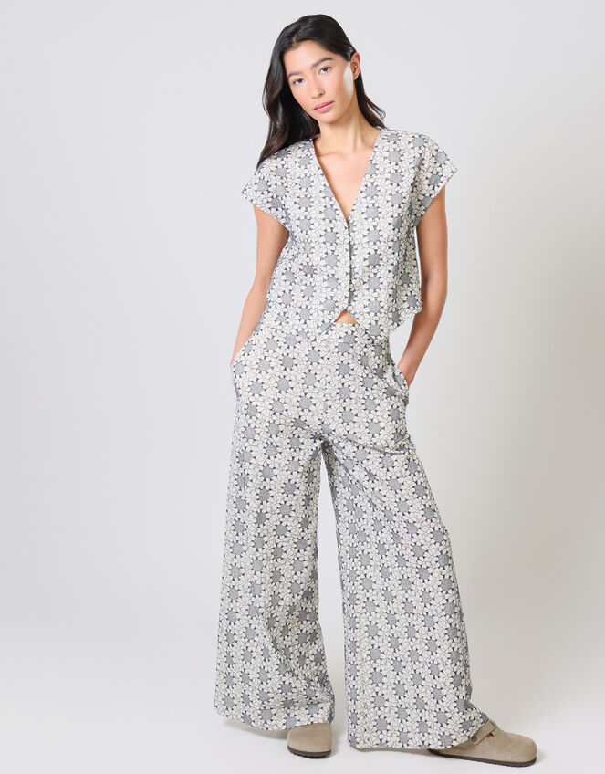 Traffic People Rene Floral Wide Leg Trousers, Blue (NAVY), large