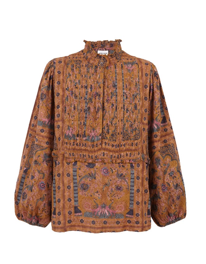 Antik Batik Pie Printed Jacquard Blouse, Camel (CAMEL), large