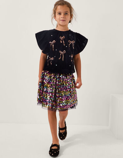Velvet Bow Top & Sequin Skirt Set, Black (BLACK), large