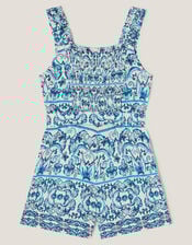 Ornate Floral Print Playsuit, Blue (BLUE), large