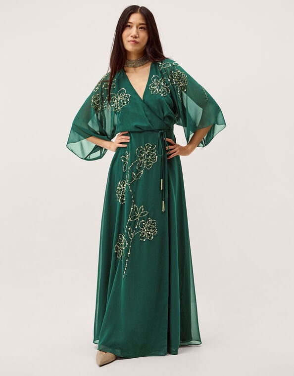 Skyla Floral Embellished Maxi Wrap Dress, Green (DARK GREEN), large