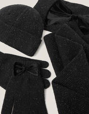 Sparkle Bow Hat Scarf & Gloves Set, Black (BLACK), large