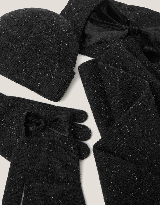 Sparkle Bow Hat Scarf & Gloves Set, Black (BLACK), large