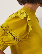 Fay Broderie Puff Sleeve Jersey Top, Yellow (YELLOW), large