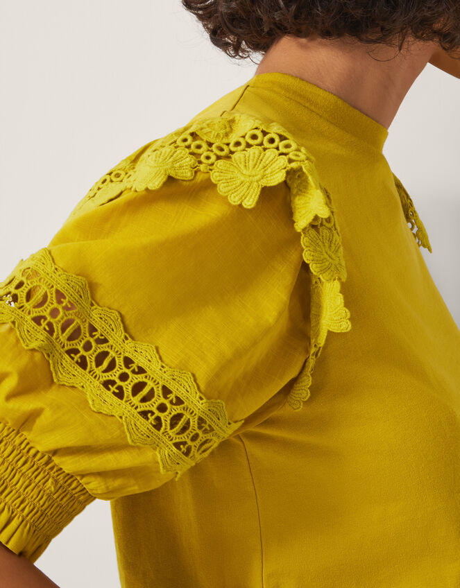 Fay Broderie Puff Sleeve Jersey Top, Yellow (YELLOW), large