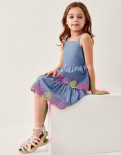 Chambray Broderie Tiered Dress, Blue (BLUE), large