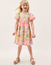 Bunny Scene Puff Sleeve Dress, Yellow (YELLOW), large