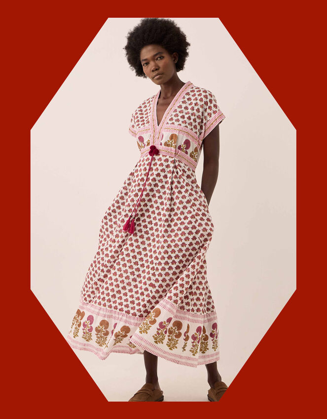 East Karmen Hand Woodblock Midi Dress, Pink (PINK), large