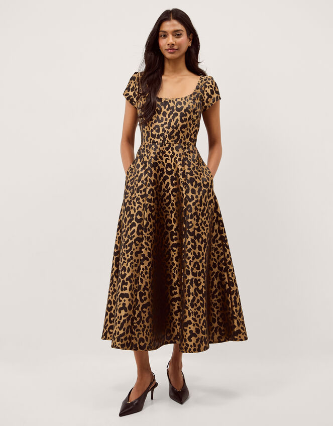 Anna Leopard Print Midi Dress, Camel (BEIGE), large