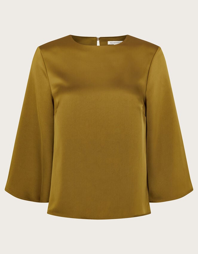 Ingrid Bell Sleeve Satin Top, Green (OLIVE), large