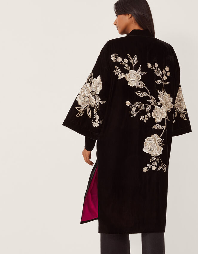 Fia Floral Embroidered Velvet Kimono, Black (BLACK), large