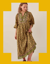 East Darney Embroidered Floral Midi Dress, Green (KHAKI), large