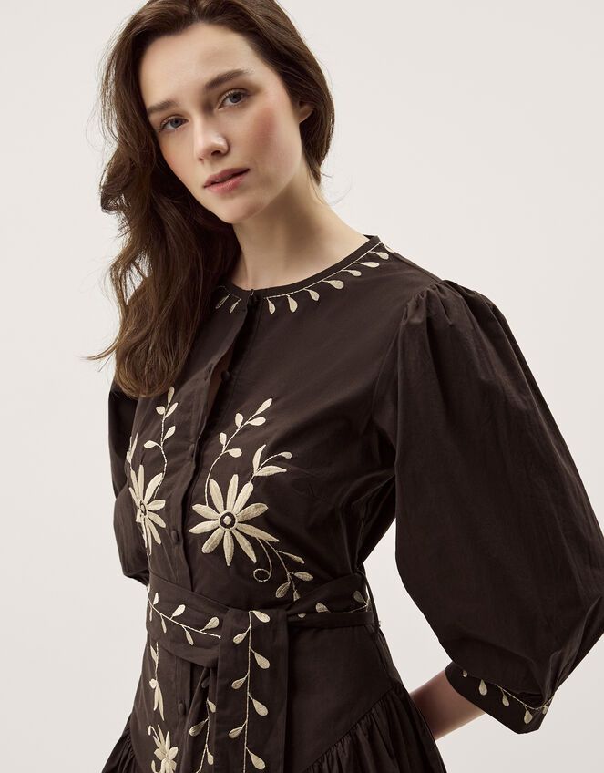 Eloise Floral Embroidered Midi Dress, Brown (CHOCOLATE), large