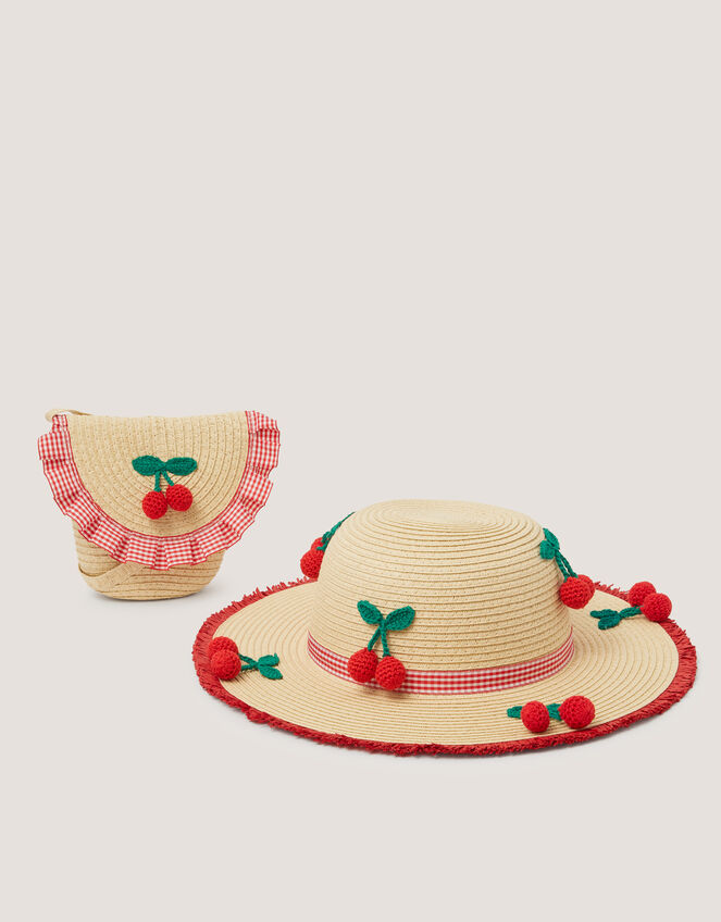 Crochet Cherry Straw Hat & Bag Set, Natural (NATURAL), large