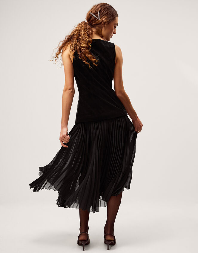 Vanessa Sleeveless Velvet Pleated Midi Dress, Black (BLACK), large