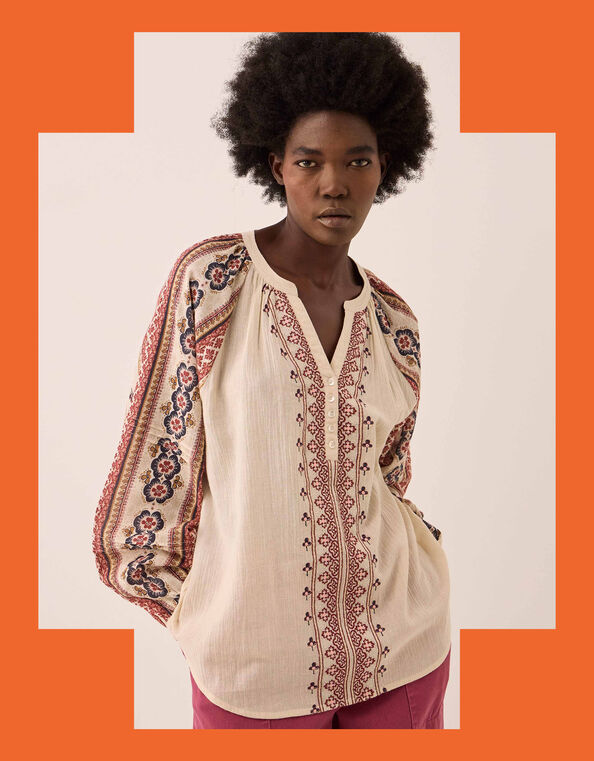 East Gabriette Floral Print Cotton Blouse, Ivory (IVORY), large