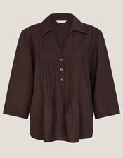 Elsie Pintuck Shirt, Brown (CHOCOLATE), large