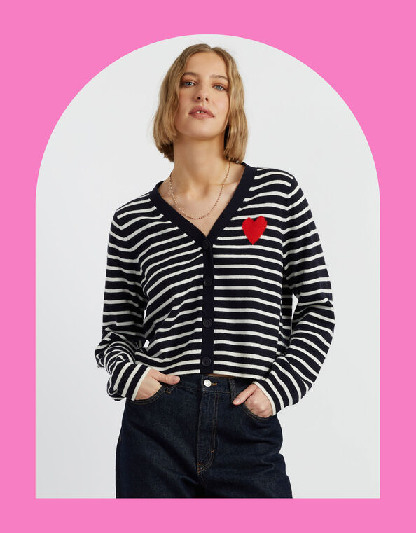 Chinti & Parker Heart Stripe Cardigan, Blue (NAVY), large