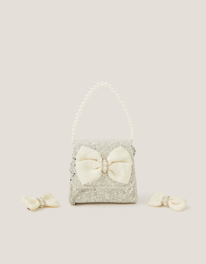 Glitter Pearl Bow Handbag & Hair Clips Set, , large