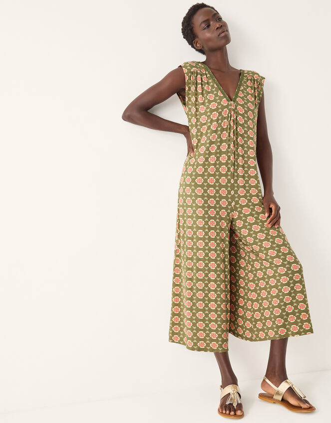 Maddie Sleeveless Floral Print Jumpsuit, Green (KHAKI), large