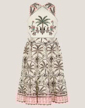Palm Print Embellished Halter Dress, Ivory (IVORY), large