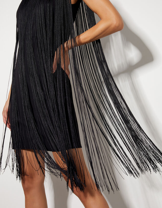 Tara Sleeveless Fringe Mini Dress, Black (BLACK), large