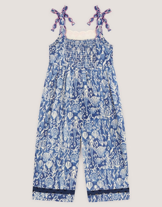 Mermaid Print Smocked Culotte Jumpsuit, Blue (BLUE), large