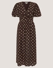 Paris Puff Sleeve Polka Dot Midi Dress, Brown (CHOCOLATE), large